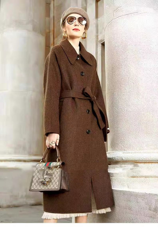 Pink Women Winter Black Long Women Wool Coat Jacket Waist Belt VPPBUY shop