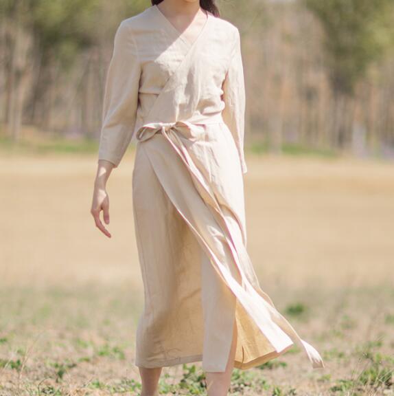 Khaki Linen Women Dresses Short Sleeves V Neck Waist Belt Summer Long Dresses XH9507 VPPBUY shop