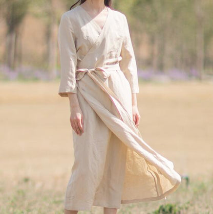 Khaki Linen Women Dresses Short Sleeves V Neck Waist Belt Summer Long Dresses XH9507 VPPBUY shop