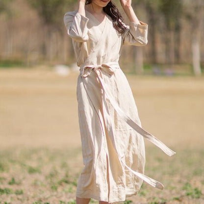 Khaki Linen Women Dresses Short Sleeves V Neck Waist Belt Summer Long Dresses XH9507 VPPBUY shop