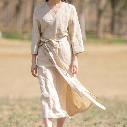 Khaki Linen Women Dresses Short Sleeves V Neck Waist Belt Summer Long Dresses XH9507 VPPBUY shop