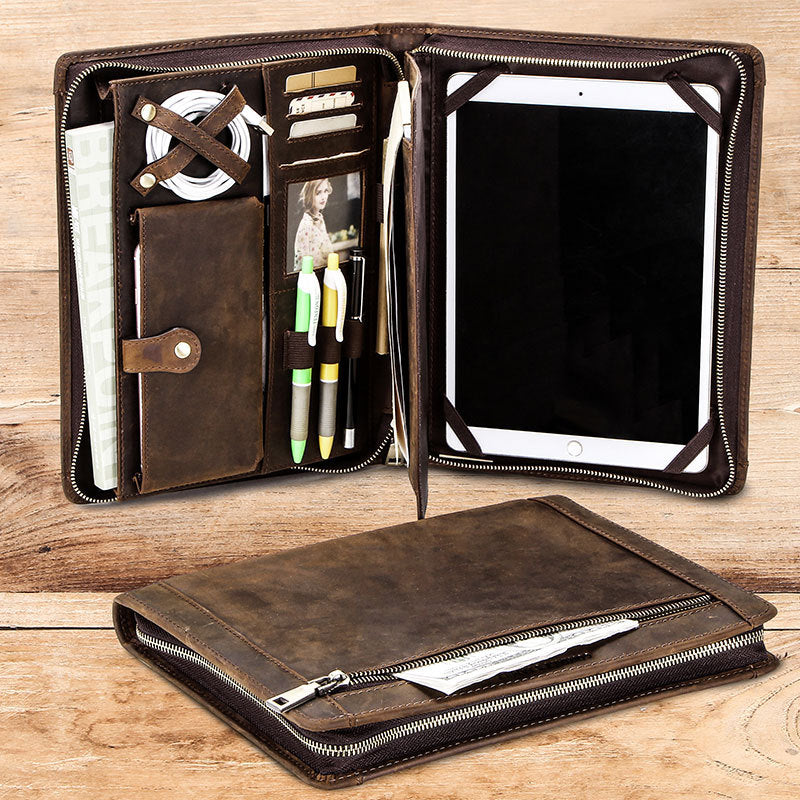 Men's Leather Portfolio iPad 9.7/10.5/11 Padfolio, Tablet Case, Document Folder with Pen Slot Zippered Writing Pad Card Pockets, Custom Name for Gift VPPBUY shop