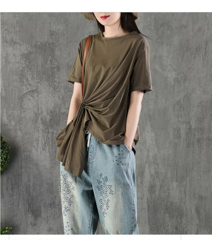 Pleated Women Summer Cotton Tops Women Short Sleeves Tops VPPBUY shop