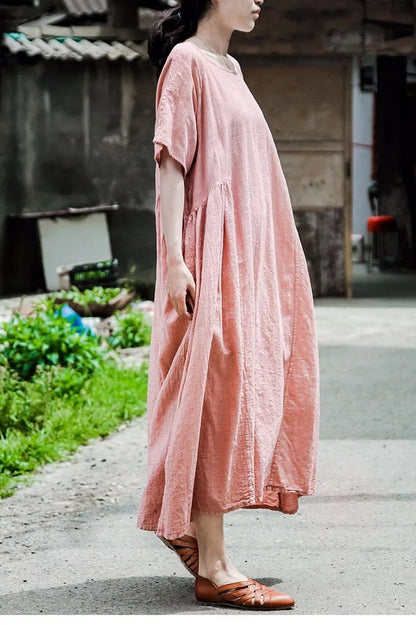 Pink Loose fitting Linen Women  Dresses 3/4 Sleeves  CH90423 VPPBUY shop