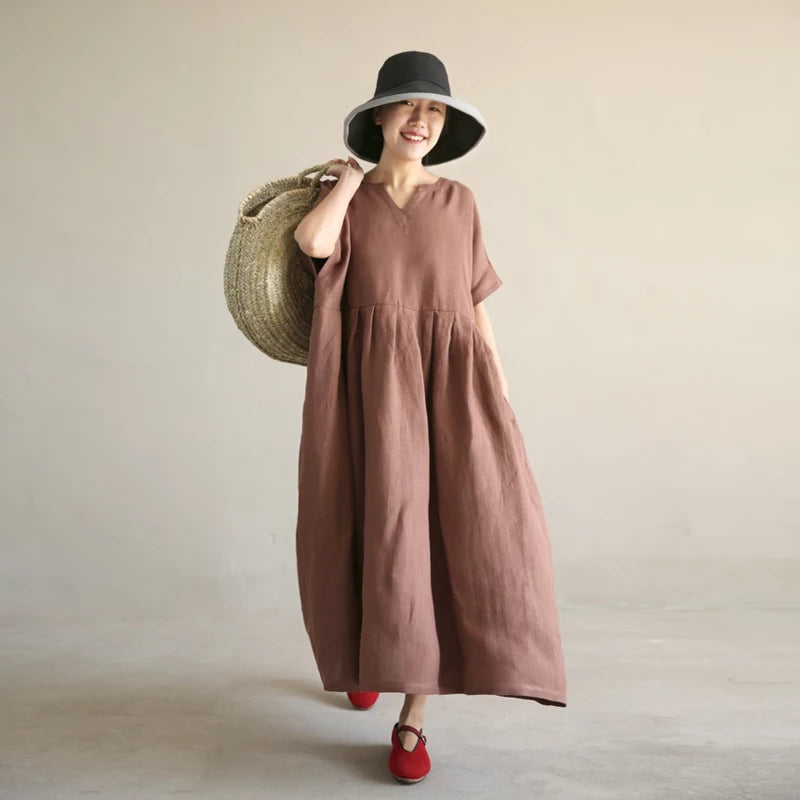 Coffee Loose Style Linen Dresses, Summer long Women Dresses ,Short Sleeve Maxi Dress 90423 VPPBUY shop