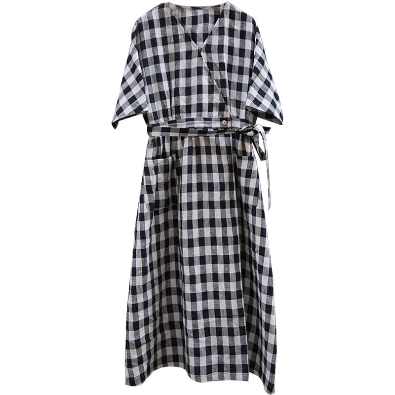 Plaid Women Linen Summer Dresses Long Dresses With Waist Belt 90423 VPPBUY shop