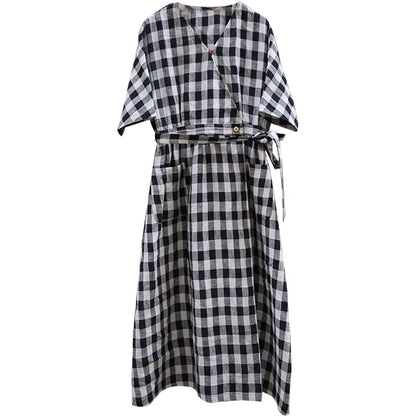 Plaid Women Linen Summer Dresses Long Dresses With Waist Belt 90423 VPPBUY shop