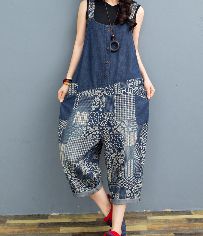 Blue Floral Denim Loose Casual Summer Overall Loose Women Jumpsuits QYCQ05165 VPPBUY shop