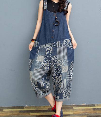 Blue Floral Denim Loose Casual Summer Overall Loose Women Jumpsuits QYCQ05165 VPPBUY shop