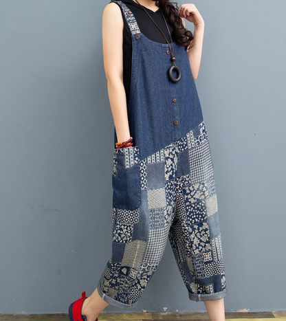 Blue Floral Denim Loose Casual Summer Overall Loose Women Jumpsuits QYCQ05165 VPPBUY shop