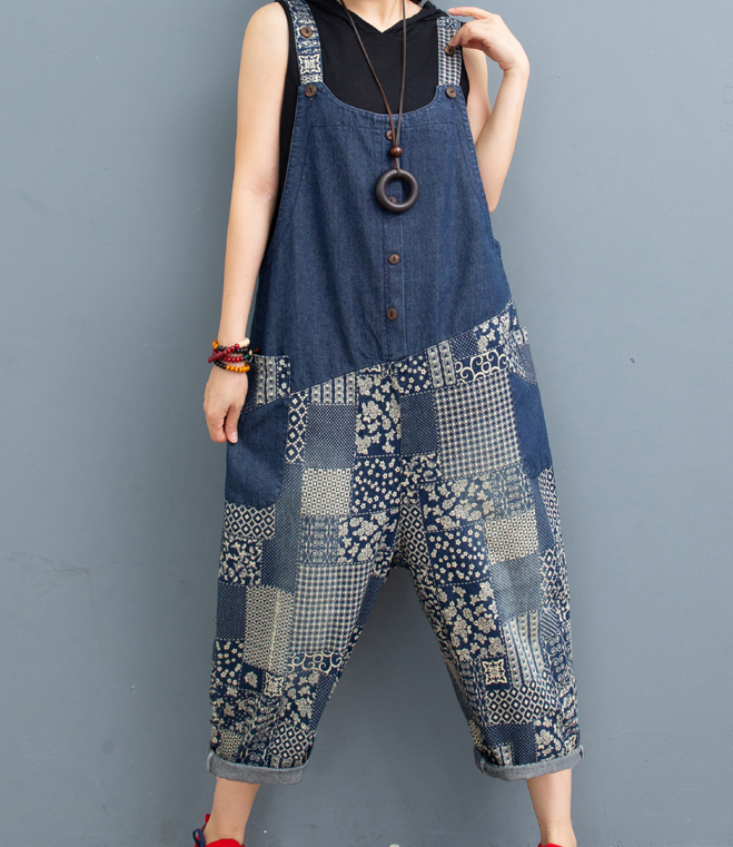 Blue Floral Denim Loose Casual Summer Overall Loose Women Jumpsuits QYCQ05165 VPPBUY shop