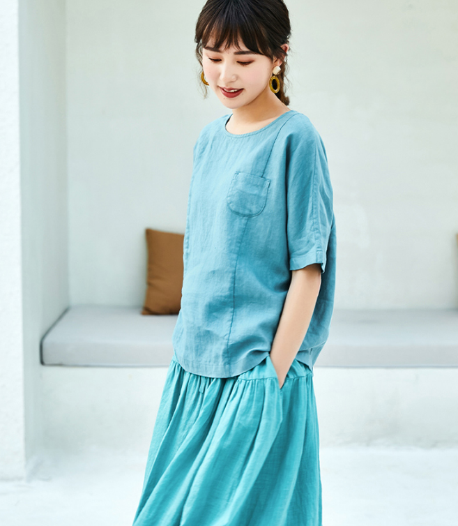 Green Casual T-Shirts Summer Women Linen Tops WG961707 VPPBUY shop