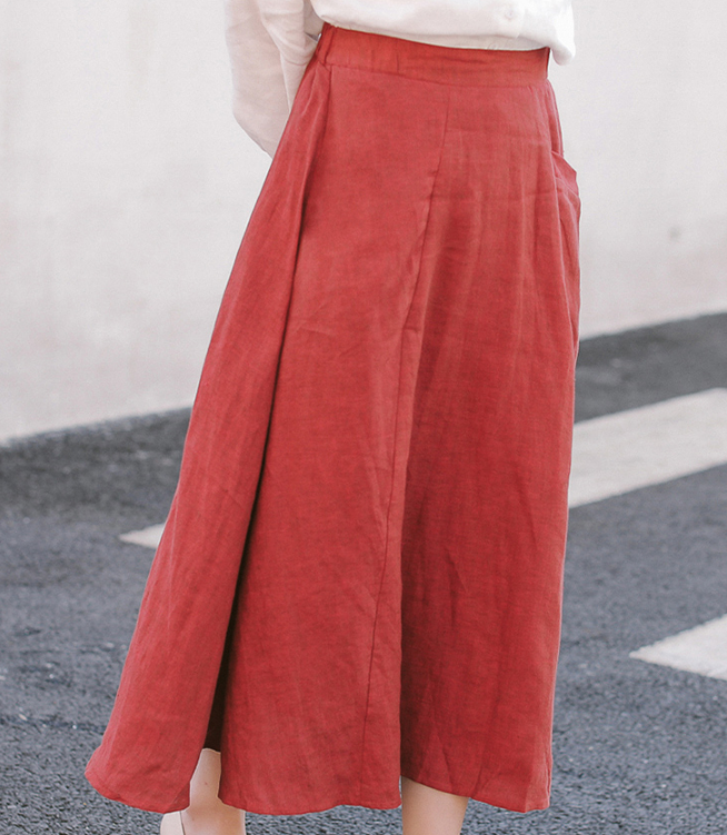 Red Women's Skirts Summer Linen Skirt Elastic Waist SJ09755 VPPBUY shop