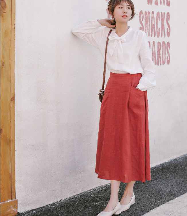 Red Women's Skirts Summer Linen Skirt Elastic Waist SJ09755 VPPBUY shop