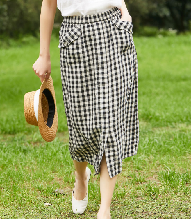 Checked Women's Skirts Summer Linen Skirt Elastic Waist SJ09755 VPPBUY shop