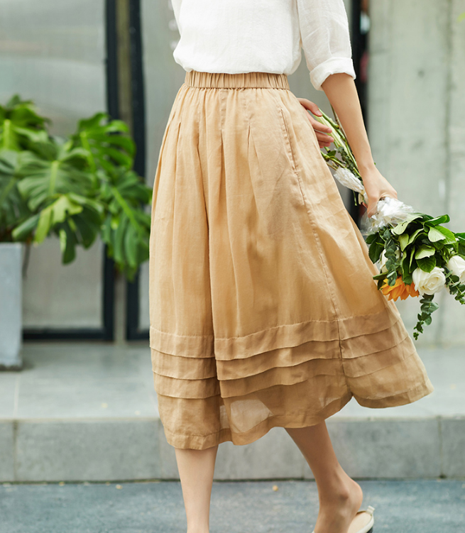 Khaki Women's Skirts Summer Linen Skirt Elastic Waist SJ09755 VPPBUY shop