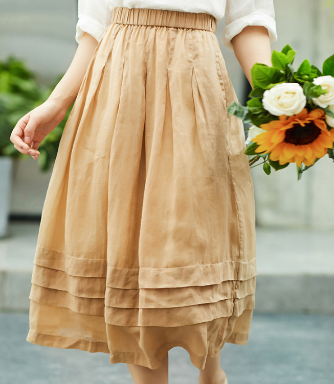 Khaki Women's Skirts Summer Linen Skirt Elastic Waist SJ09755 VPPBUY shop