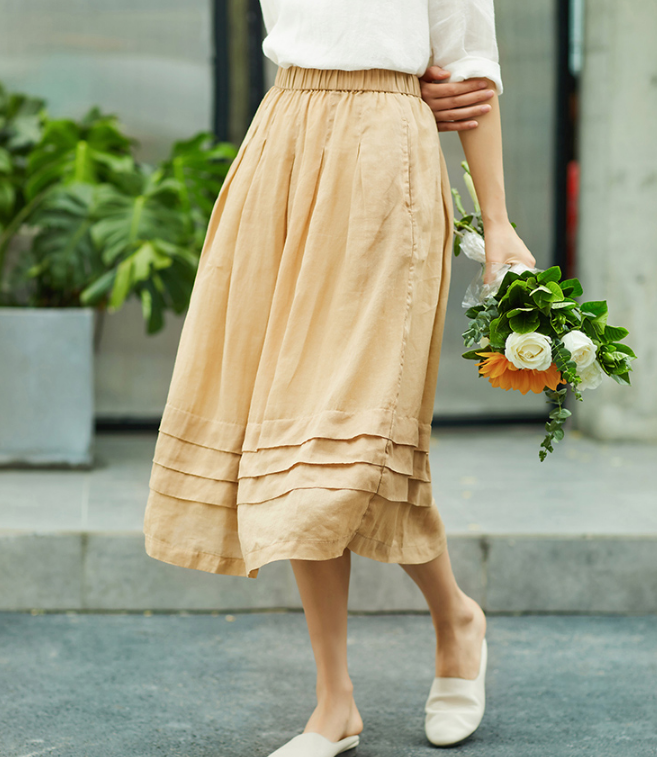 Khaki Women's Skirts Summer Linen Skirt Elastic Waist SJ09755 VPPBUY shop