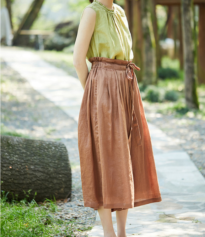 Brown linen Summer Loose Wide Leg Women Casual Pants Elastic Waist WG05131 VPPBUY shop