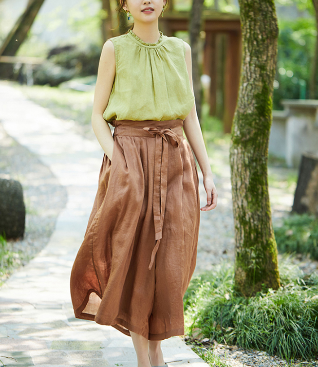 Brown linen Summer Loose Wide Leg Women Casual Pants Elastic Waist WG05131 VPPBUY shop