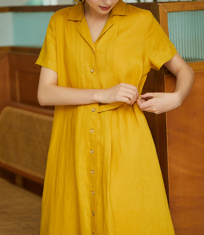 Yellow Women Dresses Casual Shirt Summer Linen Women Dresses SJ97215 VPPBUY shop