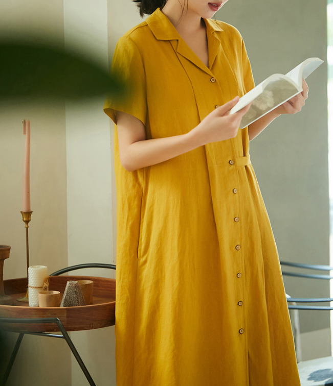 Yellow Women Dresses Casual Shirt Summer Linen Women Dresses SJ97215 VPPBUY shop