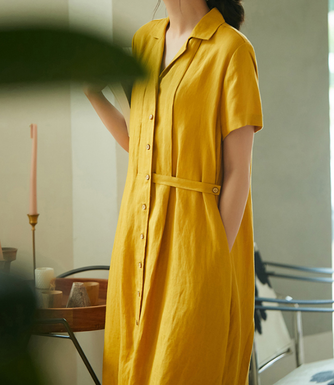 Yellow Women Dresses Casual Shirt Summer Linen Women Dresses SJ97215 VPPBUY shop