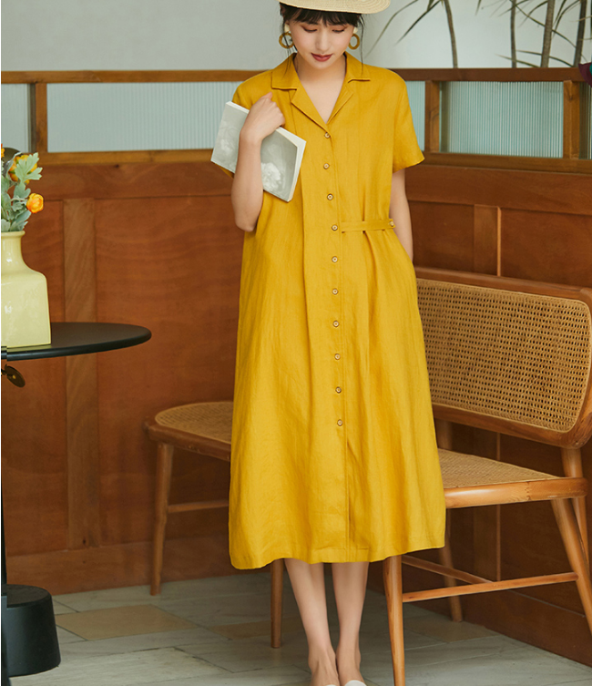 Yellow Women Dresses Casual Shirt Summer Linen Women Dresses SJ97215 VPPBUY shop