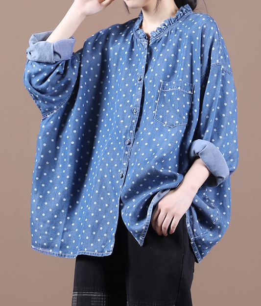 Washed Denim Blue Dot Women Spring Casual Coat Loose Plus Size  Coat Jacket VPPBUY shop