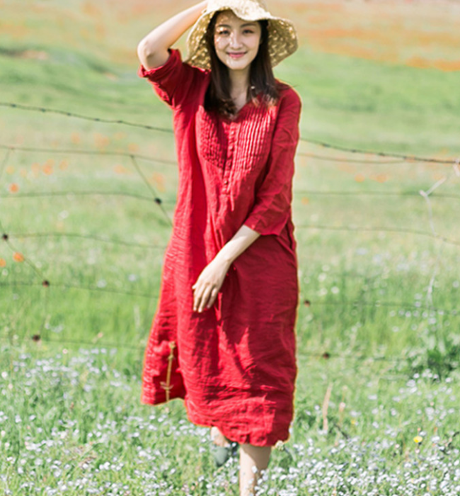 Red Women Dresses Casual Summer Linen Women Dresses SJ97215 VPPBUY shop