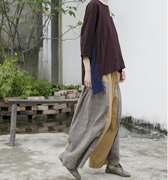 Patchwork Autum Spring Linen Wide Leg Women Casual Pants Elastic Waist WG05131 VPPBUY shop