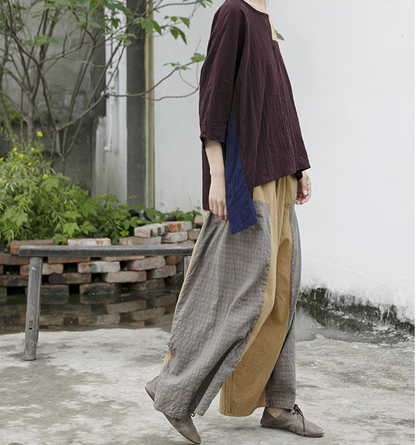 Patchwork Autum Spring Linen Wide Leg Women Casual Pants Elastic Waist WG05131 VPPBUY shop