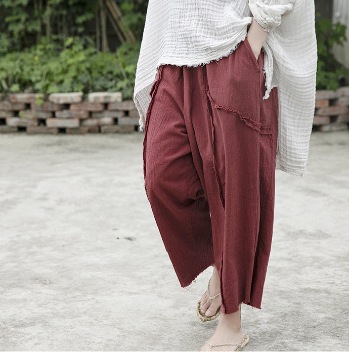 Red Autum Spring Linen Wide Leg Women Casual Pants Elastic Waist WG05131 VPPBUY shop