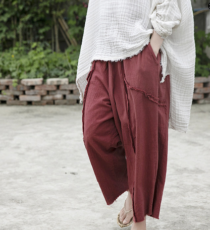 Red Autum Spring Linen Wide Leg Women Casual Pants Elastic Waist WG05131 VPPBUY shop