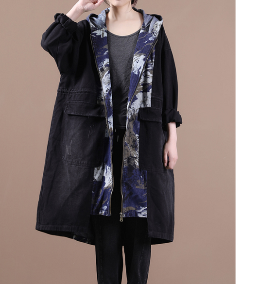 Print Denim Hooded A-line Long Women Casual Parka Plus Size Fall Coat Jacket JT200945 VPPBUY shop