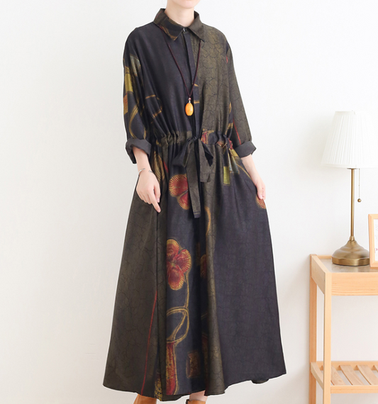 Green Loose Fall Floral Women Coat Long Sleeve Women Linen Trench Coat S90921 VPPBUY shop