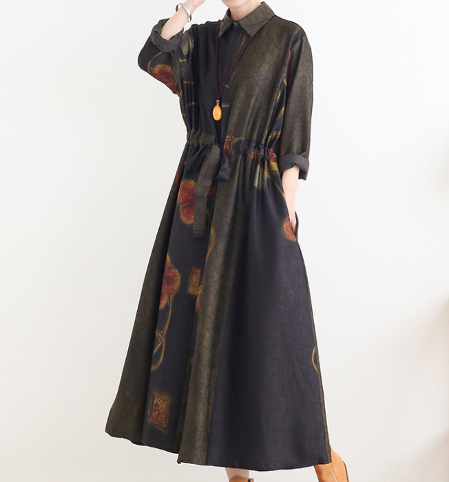 Green Loose Fall Floral Women Coat Long Sleeve Women Linen Trench Coat S90921 VPPBUY shop