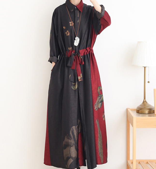 Red Print Loose Fall Women Coat Long Sleeve Women Waist Trench Coat S90921 VPPBUY shop