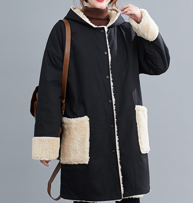 Two Ways Wear Women Casual  Coat Loose Hooded Lamb Wool Plus Size Short Coat Jacket VPPBUY shop