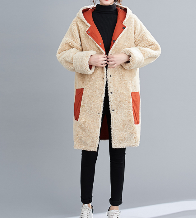 Two Ways Wear Women Casual  Coat Loose Hooded Lamb Wool Plus Size Short Coat Jacket VPPBUY shop