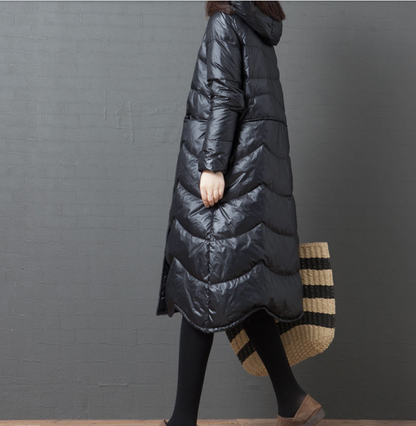 Black Hooded Long Puffer Coat Winter Duck Down Jacket Loose Down Jacket 23001 VPPBUY shop