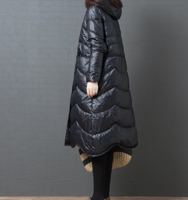 Black Hooded Long Puffer Coat Winter Duck Down Jacket Loose Down Jacket 23001 VPPBUY shop