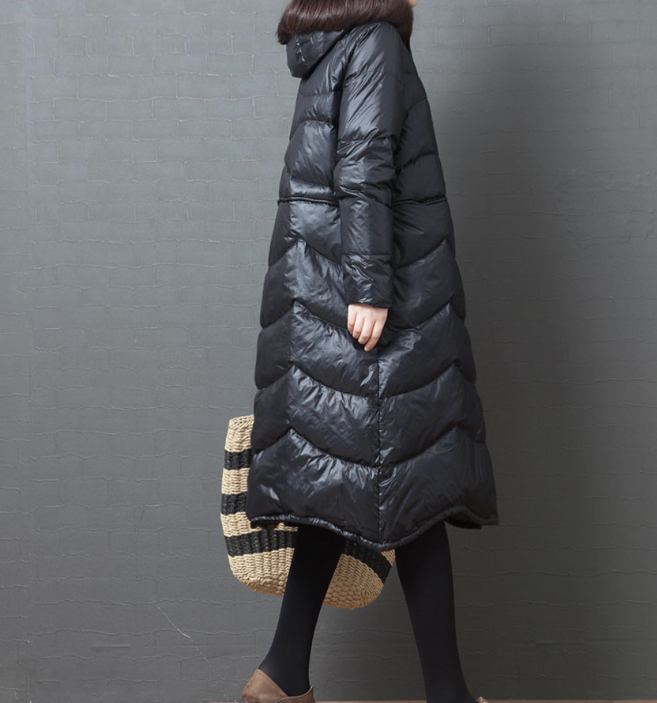 Black Hooded Long Puffer Coat Winter Duck Down Jacket Loose Down Jacket 23001 VPPBUY shop