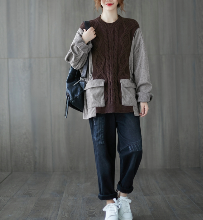 Patchwork Wool Knit Autumn Loose Spring Casual Women Cotton Tops WG961707 VPPBUY shop