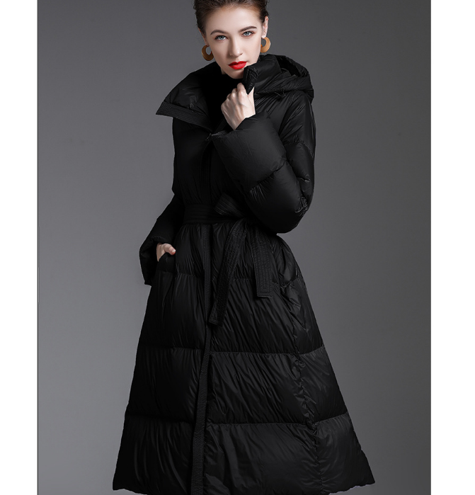 Waist Belt Long Puffer Coat Hooded Women Loose Jacket Women Down Coat 65237 VPPBUY shop