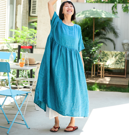 Blue Washed Soft Summer Linen Women Dresses Loose style Short Sleeve Women Dresses 98291 VPPBUY shop