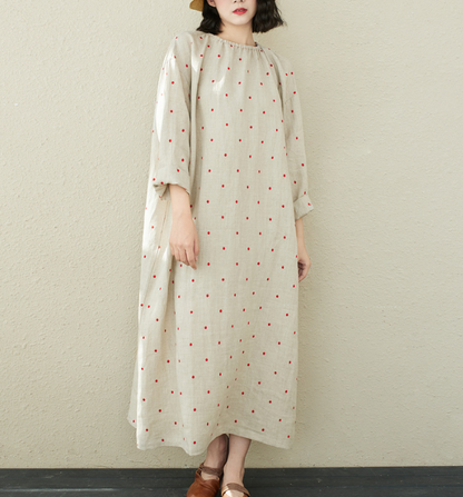 Red Dot Emboridery Summer Linen Women Dresses Washed Soft Loose Long Sleeve Women Dresses 97295 VPPBUY shop