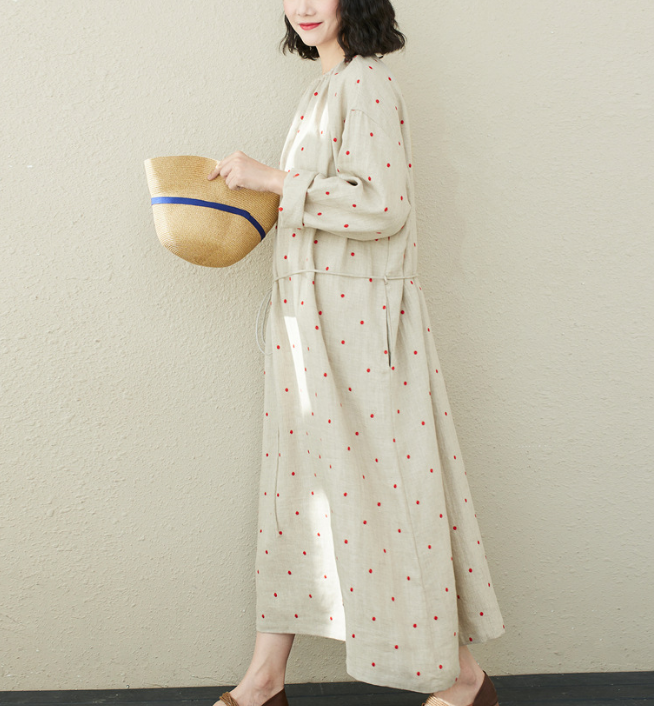 Red Dot Emboridery Summer Linen Women Dresses Washed Soft Loose Long Sleeve Women Dresses 97295 VPPBUY shop