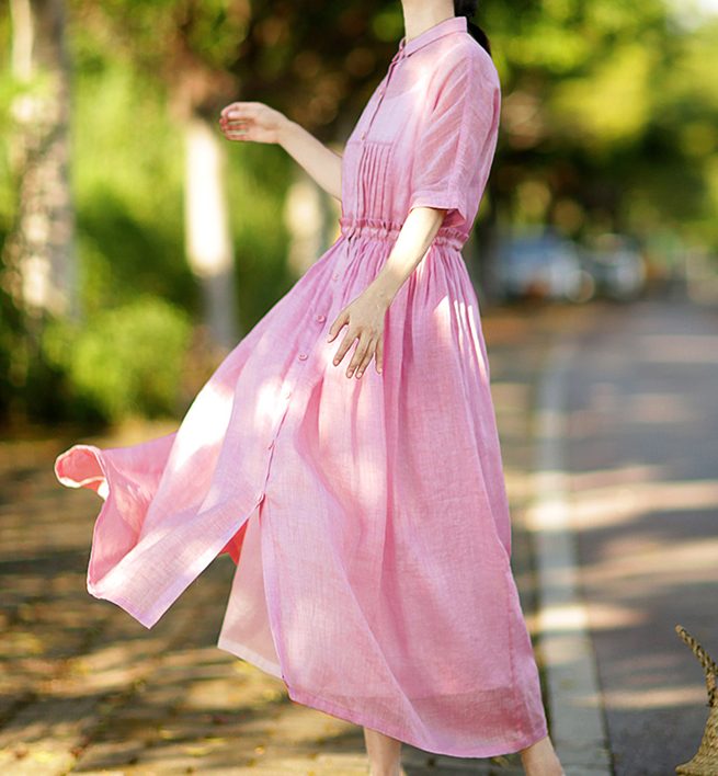 Pink Washed Soft Linen Summer Women Dresses Short Sleeve Maxi Women Dresses 97291 VPPBUY shop