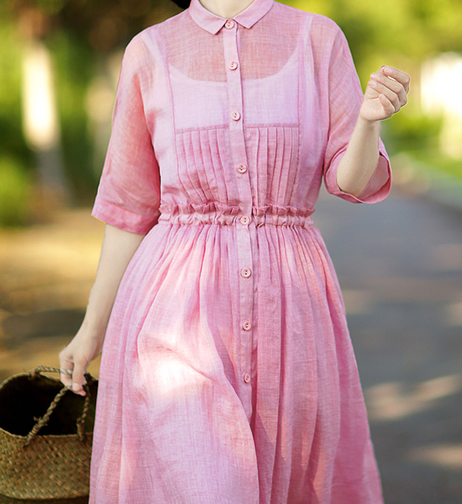 Pink Washed Soft Linen Summer Women Dresses Short Sleeve Maxi Women Dresses 97291 VPPBUY shop